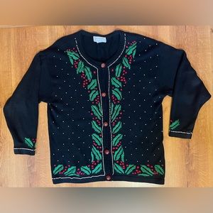 Vintage Christmas Sweater Arriviste Cardigan Holly Beaded‎ Women’s
